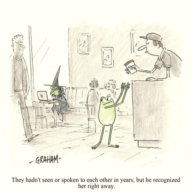 A cartoon illustration of a frog getting his coffee order at a cafe and looking back at a witch on her laptop who is looking at him. Caption reads "They hadn't seen or spoken to each other in years, but he recognized her right away."