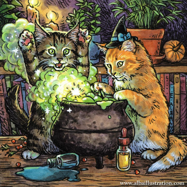 Ink and watercolor illustration of a tabby and orange cat on a tabletop, mixing up a potion in a cauldron. One cat, wearing a tiny witch hat, is dropping in ingredients. The other cat has arms raised and a surprised face as billowing magic potion clouds pass around it. Potion bottles, plants, and books behind them.