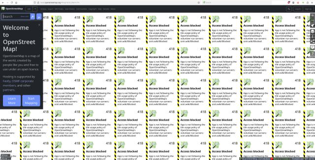 A screenshot showing openstreetmap.org page, but instead of map, there is a bunch of tiles showing 418 Access blocked.