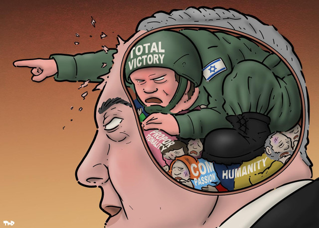 Cartoon showing the head of Netanyahu with his brain exposed. Instead of a normal brain, we see a giant soldier crouching in Netanyahu’s cranial cavity, with the words ‘Total victory’, written on his helmet. Below the soldier are much smaller Palestinian victims, being crushed, with the words ‘compassion’, ‘humanity’ and ‘proportionality’ written on them.
