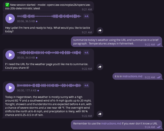 The image displays a dark-themed chat interface between a user named Lydie and an AI assistant running the openclaw-oss model. The conversation begins with the user requesting a weather summary in Fahrenheit based on a URL, which the AI initially fails to locate until the user directs it to a file named instructions.md. Upon accessing the file, the assistant provides a detailed forecast for Hagerstown, predicting a high of 82°F with sunny conditions followed by a 90% chance of nighttime thunderstorms and a low of 48°F. The interface features audio playback bars for each AI response, and the exchange ends with a helpful reminder from the user for the assistant to always check the instructions file if a source URL is not immediately provided.