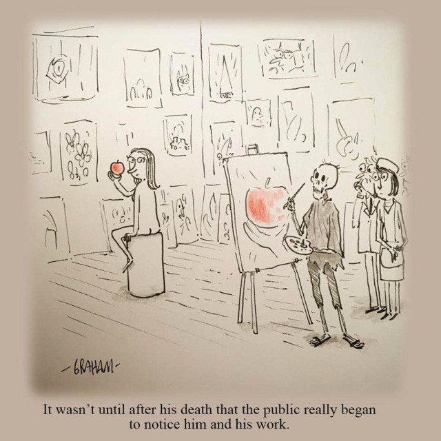 A cartoon illustration of an undead skeleton painting a portrait of a nude woman with an apple while people look on. Caption reads "It wasn't until after his death that the public really began to notice him and his work."