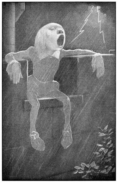 A boyish-looking ghost sits on the crenel of a castle wall on a stormy, rainy night, howling with his mouth wide open.