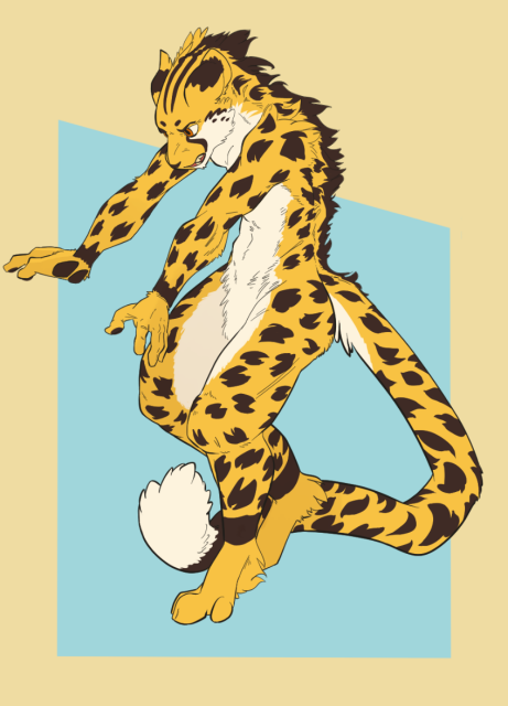 A cheetah man distressed, and catching his balance on a table I didn't draw. 