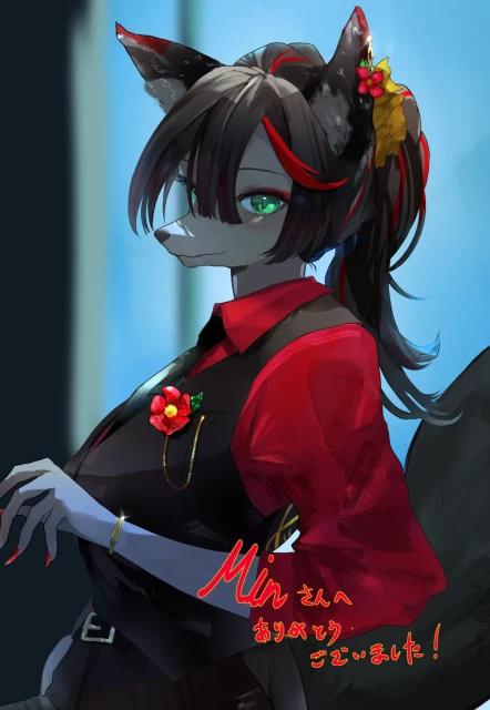 An illustration of an anthro foxgirl with black fur and green eyes, wearing a collared red shirt and a black vest. She also has a flower tucked into a vest pocket and attached with a gold chain.