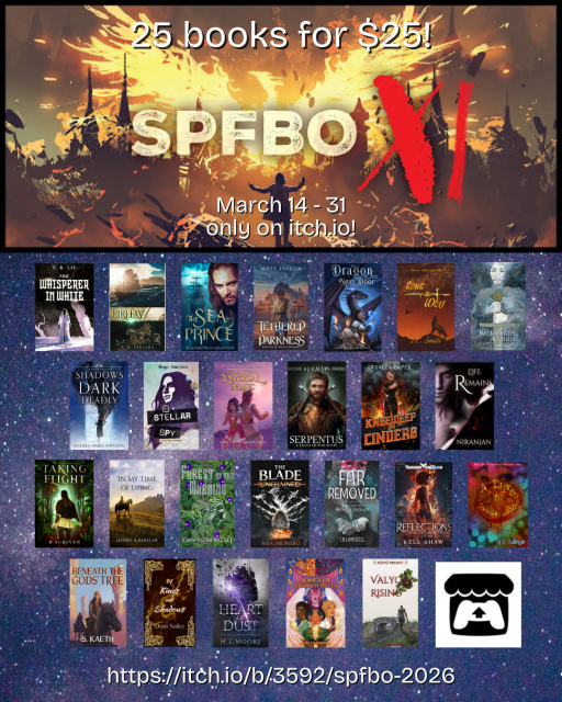 A collection of 25 fantasy book covers beneath the SPFBO XI logo. Text reads: 25 books for $25! March 14-31, only on itch.io