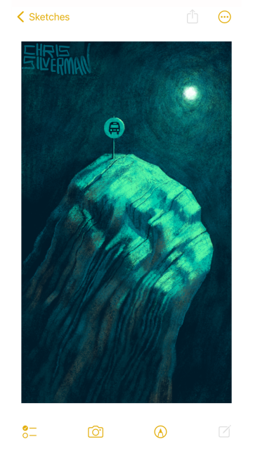 A tall, craggy tower of rock with many layers looms up into the greenish light cast by a distant moon. Planted on top of the rock, where no bus could ever travel to, is a small round sign with a bus icon on it. The painting is signed "Chris Silverman".