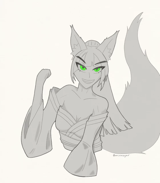 A bust-up sketch of a foxgirl wearing a loosely fitting kimono, giving a wide grin; it's mostly black and white, but her eyes are a bright green