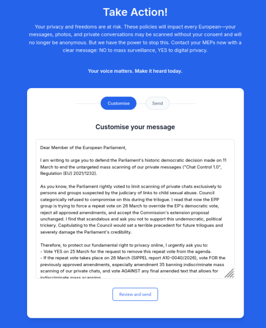 Screenshot from fightchatcontrol with a template to write to MPs
