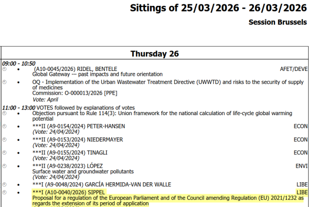 Screenshot of the European Parliament agenda for Thursday, 26 March 2026, Brussels session. Only the last item in the voting list is highlighted: Sippel report (A10-0040/2026), LIBE committee. It concerns a proposal for a regulation amending Regulation (EU) 2021/1232 as regards the extension of its period of application.