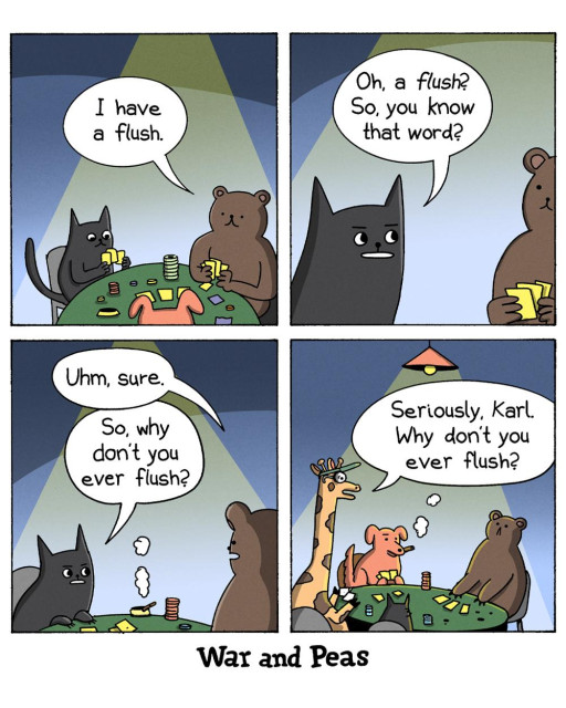 Panel 1: A black cat and a bear sit at a poker table. The bear says, "I have a flush." Panel 2: The black cat responds, "Oh, a flush? So, you know that word?" Panel 3: The bear says, "Uhm, sure." The black cat then asks, "So, why don't you ever flush?" The bear looks confused. Panel 4: The scene zooms out, revealing a giraffe and a mouse also sitting at the poker table. The giraffe says "Seriously, Karl. Why don't you ever flush?"