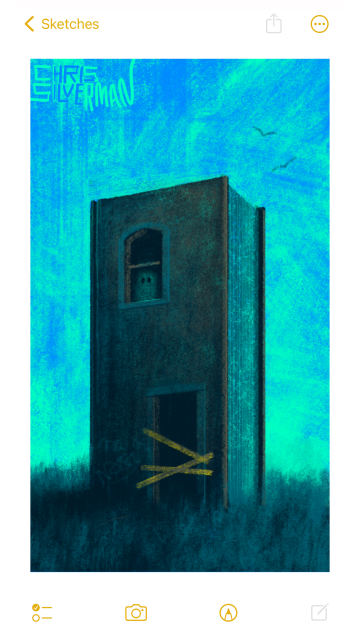 A dark, dingy book the size of a multi-story building stands in the middle of a drab gray meadow under a blue-green early evening sky. The book has a doorway without a door, and an upper-story window without glass, and looks like an abandoned building. A few faded graffiti tags are next to the door. Yellow tape is stretched across the doorway. In the window, a dim, ghostly figure can be seen. Two birds are in the sky. The painting is signed "Chris Silverman".