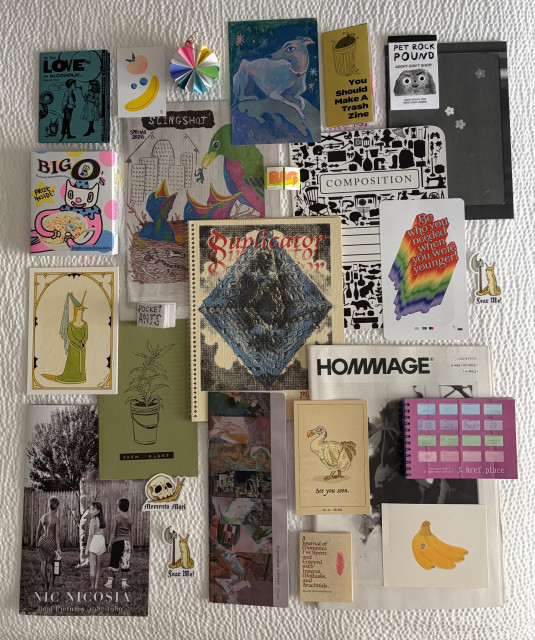 Collection of zines and art prints gathered at Dallas Art Book Fair.