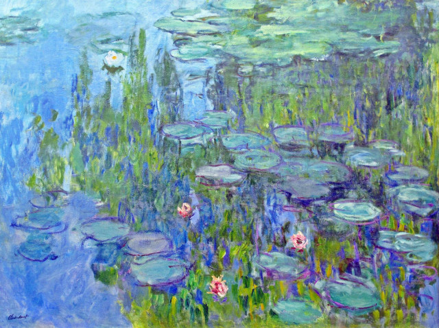 Impressionist painting of water lilies, by Claude Monet. 