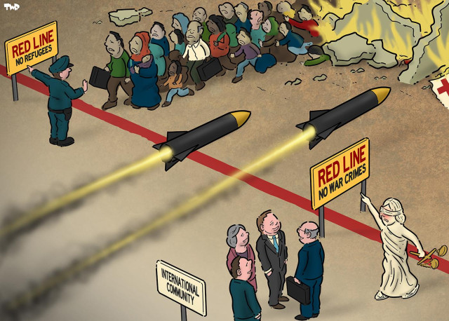 Cartoon showing a red line on the ground. On one side, buildings are in flames, on the other side, men in women in suits labeled 'international community' stand around with their hands in their pockets, as two more missiles fly across the red line towards the ruined buildings. Lady Justice points angrily to a sign that reads 'Red line: no war crimes'. A little further along the red line, a stream of refugees escaping the war zone is stopped by a police man who points to a sign that reads 'Red line" no refugees'.