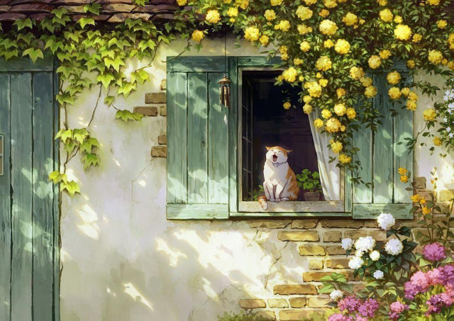 a digital painting of a cat sitting in a window, yawning. yellow flowers and patches of sunlight