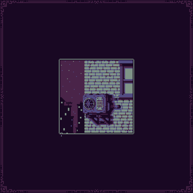 an air conditioner attached to a brick building, half of a window to it's right and silhouette of other buildings to the left