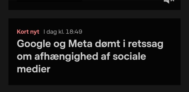 Skærmkopi af overskrift, som skriver: Google og Meta dømt i retssag om afhængighed af sociale medier
