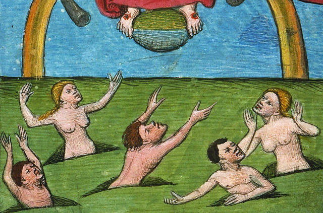 The resurrected trying to catch a watermelon. book of hours, Savoie ca. 1445-1450. Chambéry, Musée Savoisien, inv. 977-1-1, fol. 119r.
#medieval #MedievalArt