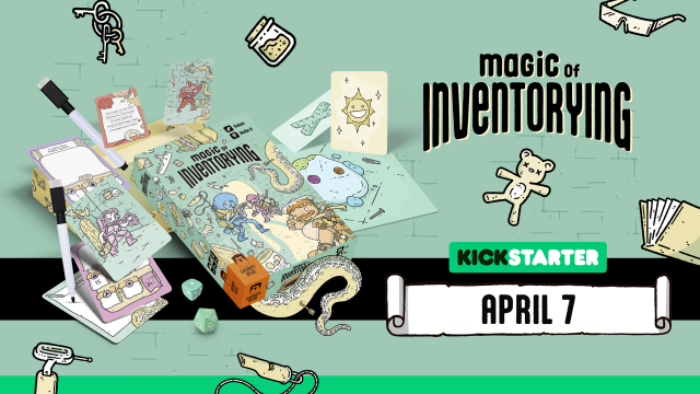 Promotional visual for the MAGIC OF INVENTORYING Kickstarter launch on APRIL 7th showing a mock-up of the game's box and its content