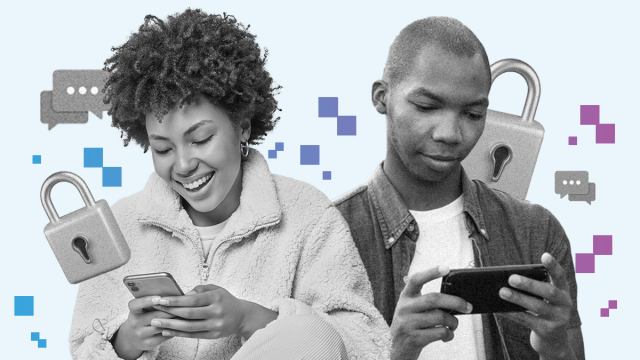 Two people looking at their phones, smiling, in front of a light-blue background with floating purple and blue pixels, message icons and locks.