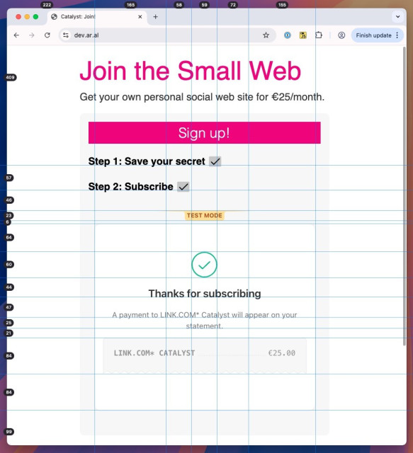 Screenshot of the restored state of the Stripe component’s success state using a mock HTML/CSS snapshot of the state with some dynamic areas included. The screen is full of horizontal and vertical guides aligned to areas of the success message to ensure that the mock is pixel perfect.
