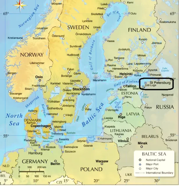 Gleichsrtiger Kartenausschnitt in lateinischen Buchstaben.

Quelle:
https://pwonlyias.com/current-affairs/baltic-port-of-ust-luga/