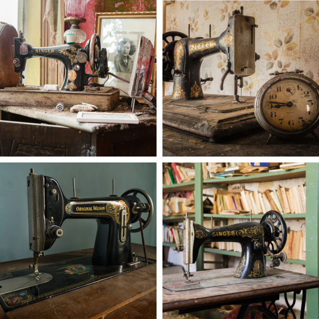 A grid of four antique sewing machines, each captured in a different setting.