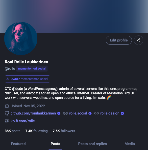 Profile in Mastodon Bird UI