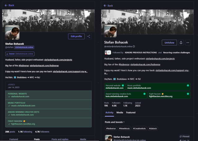 A side-by-side comparison of my profile as seen on my server versus from mastodon.social.

Main differences include slightly larger font size for my name, custom fields being shown in a grid instead of table rows. The update design also separates the join date (now shown only as the year) from the custom fields and shows it more prominently after the number of posts/followers/etc.

The filters for viewing specific types of posts and activity (featured, media, etc) have also been expanded and redesigned.
