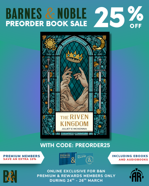 Promotional flyer for the Barnes & Noble pre-order sale offer on The Riven Kingdom. This shows the cover art which is in the style of a stained glass window. Blue-green leaves and vines dotted with golden flowers coil around silver swords in panels on either side. These are topped with a golden sun on the left and a yellow crescent moon on the right. In the centre. rival hands stretch upwards trying to get hold of a crown that's just out of reach... 