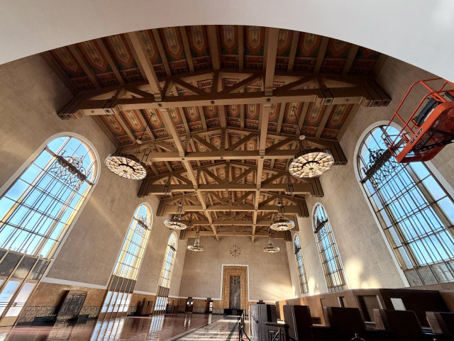A wide angle photo of Union station in LA