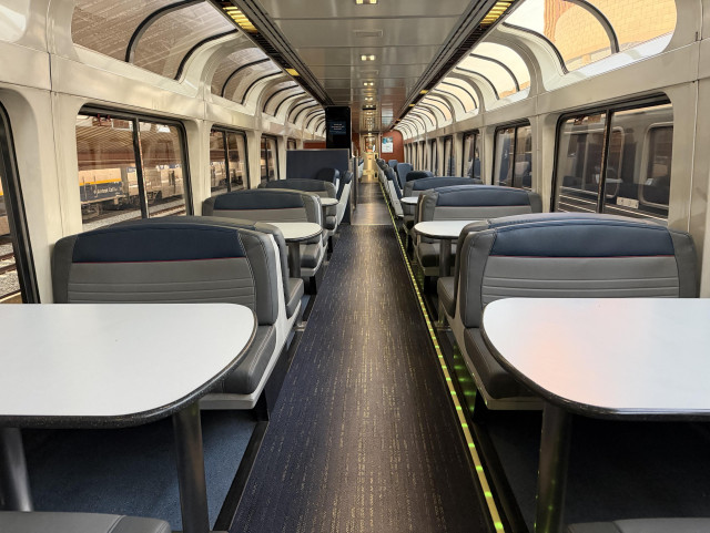 A photo of an empty train observation car in the Southwest Chief train