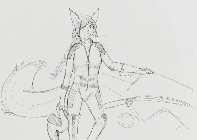 A digital sketch of a foxgirl wearing a full-body motorcycle suit, holding a helmet in one and and resting her other hand on a handful of scribbles that vaguely resemble a motorcycle