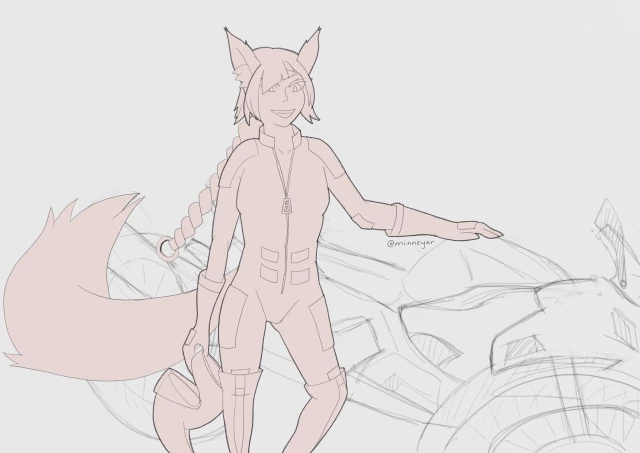 A slightly more refined version of the above sketch, with cleaned up lines on Yomiko and a sketch that kind of resembles a motorcycle behind her