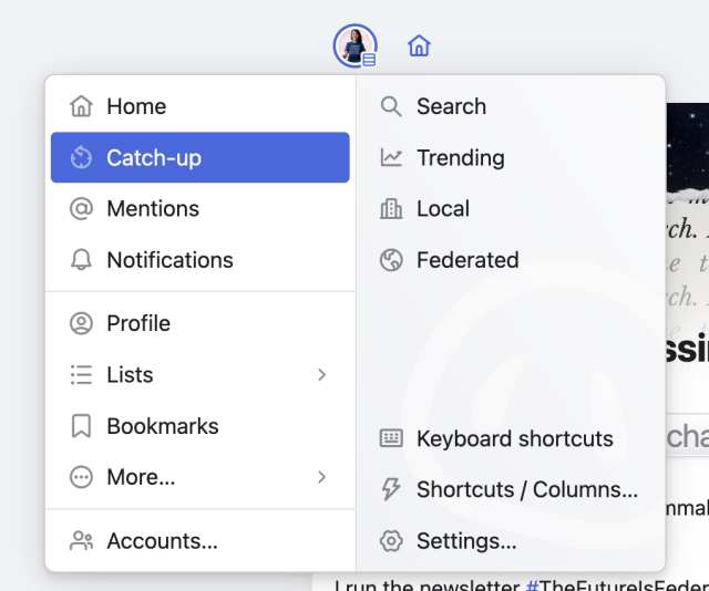 a screenshot of Phanpy's navigation menu with "Catch Up" highlighted in blue