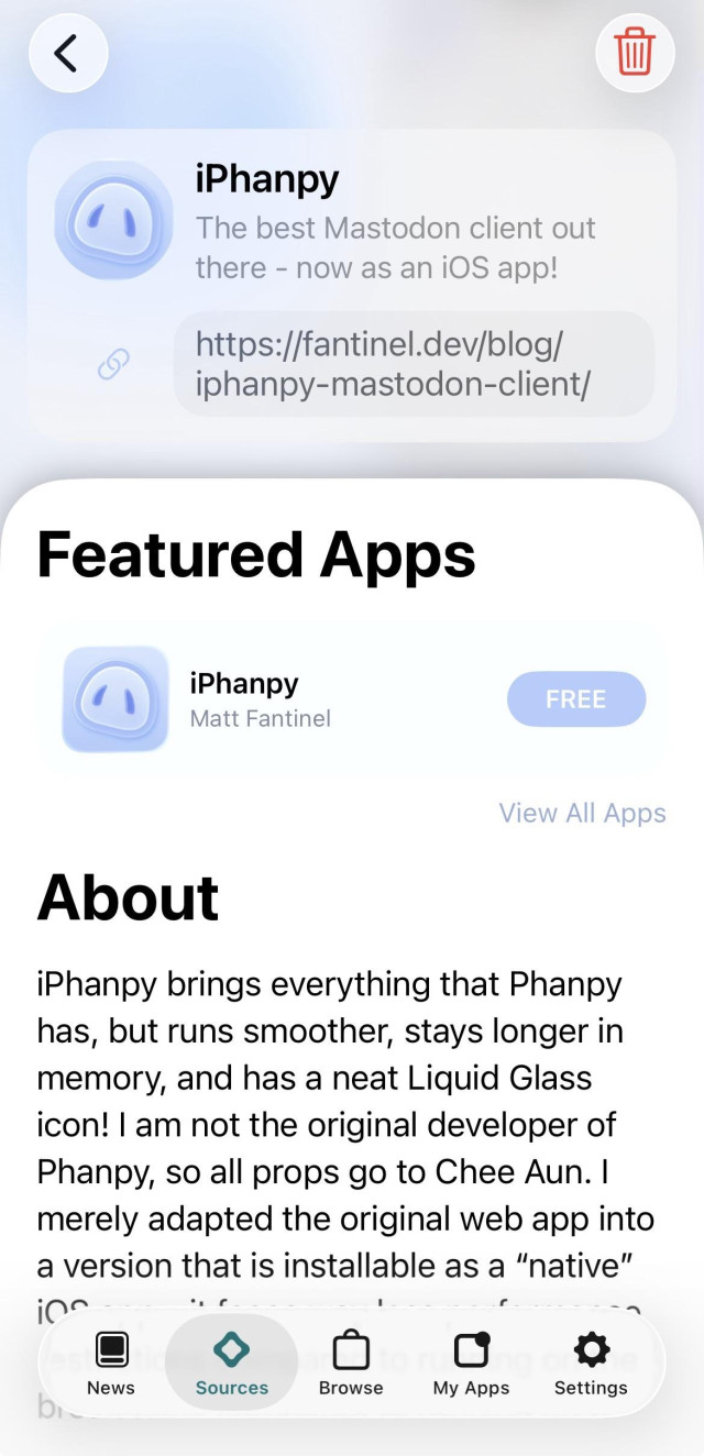 The image displays a mobile app interface for "iPhanpy," a Mastodon client. It features the app's logo, a brief description, and a link to more information. The "Featured Apps" section highlights the app's developer. 