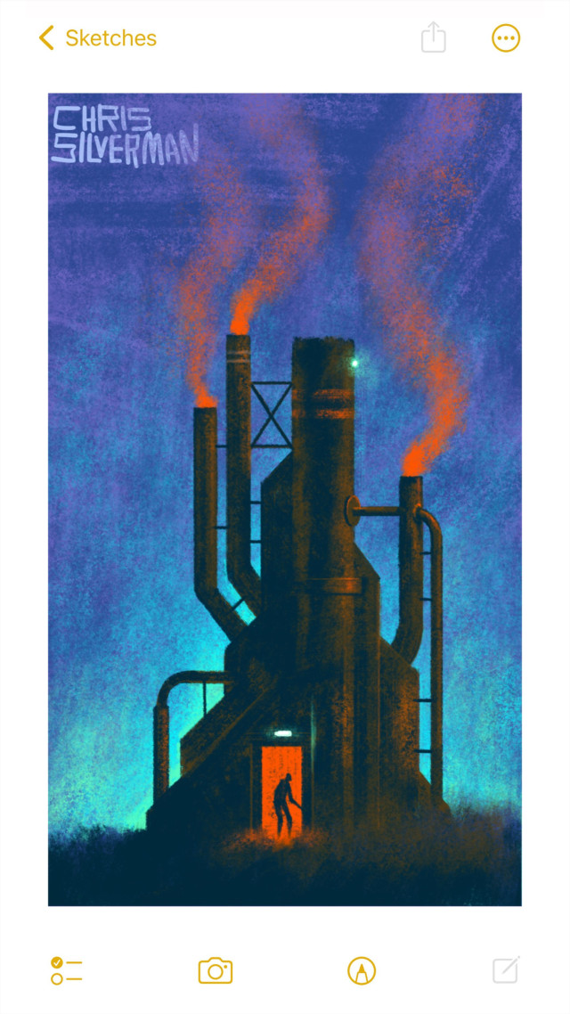 A rusty but still functional industrial facility: an arrangement of several tall smokestacks and pipes sticking out of a building. Orange smoke pours from the smokestacks, contrasting against the blue dusk sky. A door is open on the building, revealing a glowing orange interior. A figure stands in the doorway. The painting is signed "Chris Silverman".