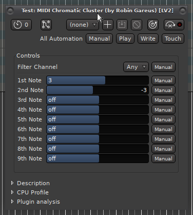 "Chromatic Cluster" MIDI Plugin loaded into the Ardour Digital Audio Workstation