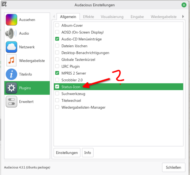 Audacious Einstellungen - Plugins: Status Icon