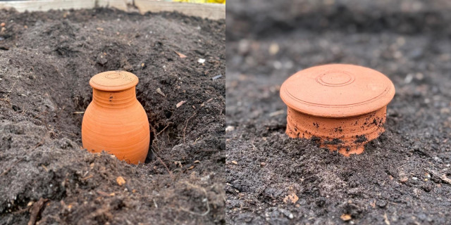 A diptych: left frame shows a lidded terracotta jar sitting inside a deep hole in the garden, surrounded by dark soil. The right frame shows the same jar now buried, with only the neck and lid visible above the soil. 