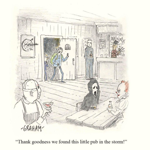 A cartoon illustration of two young men coming into a pub out of stormy weather and the customers inside are all villains from famous horror movies. Caption reads "Thank goodness we found this little pub in the storm!"