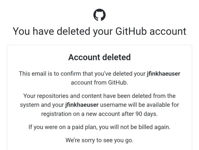 Screenshot of GitHub's account deletion email.