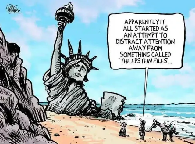 Cartoon parody of the end of "Planet of the Apes" suggesting the end of the world all started "because of something called The Epstein Files".