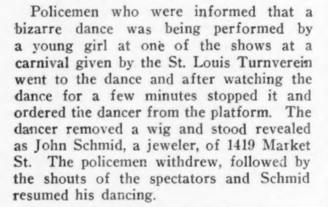 An excerpt from a newspaper article from 1912 about the police investigating a bizarre dance performed by a young girl.