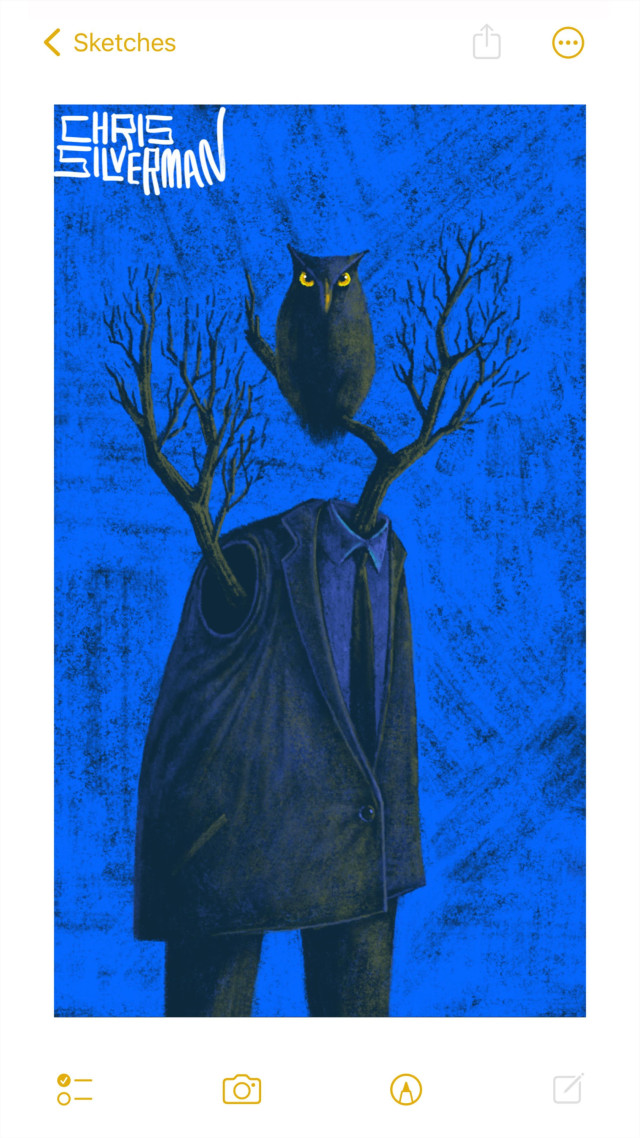 A figure wearing a suit and tie stands against a blue night sky. Where the figure's arm would be is a hole from which a tree branch is emerging. Where the figure's next would be is another tree branch, on which is sitting an owl with bright yellow eyes. The painting is signed "Chris Silverman".