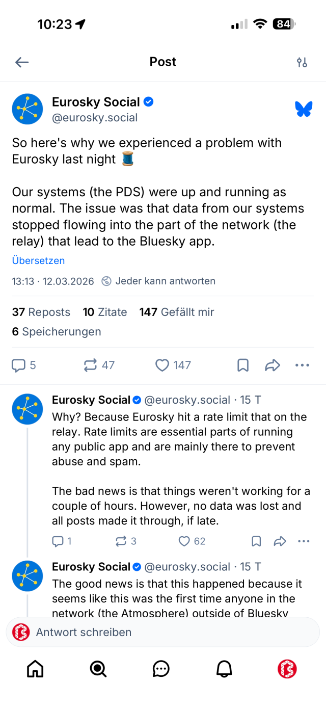 Screenshots with more context on the dependence of Eurosky being at the mercy of Bluesky. 