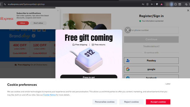 AliExpress.com landing page with 4 pop up windows obstructing access to the site