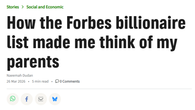 Blog title "How the Forbes billionaire list made me think of my parents" and author's name "Naeemah Dudan"