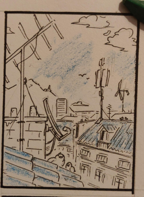 A rough drawing on paper with shaky lines and washed colors: An illustration of rooftops in the middle of a big city full of antennas. Two pigeon are sitting on the roof.